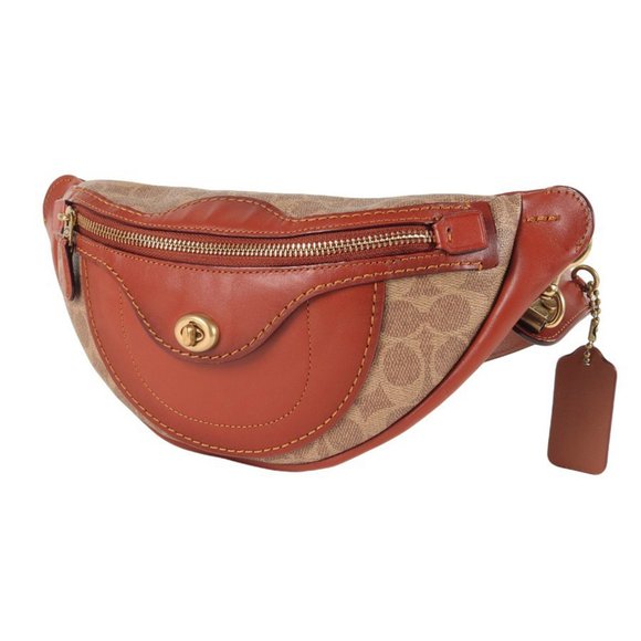COACH Brown Signature Saddle Waist Bag Shoulder Crossbody Bag with Leather B...
